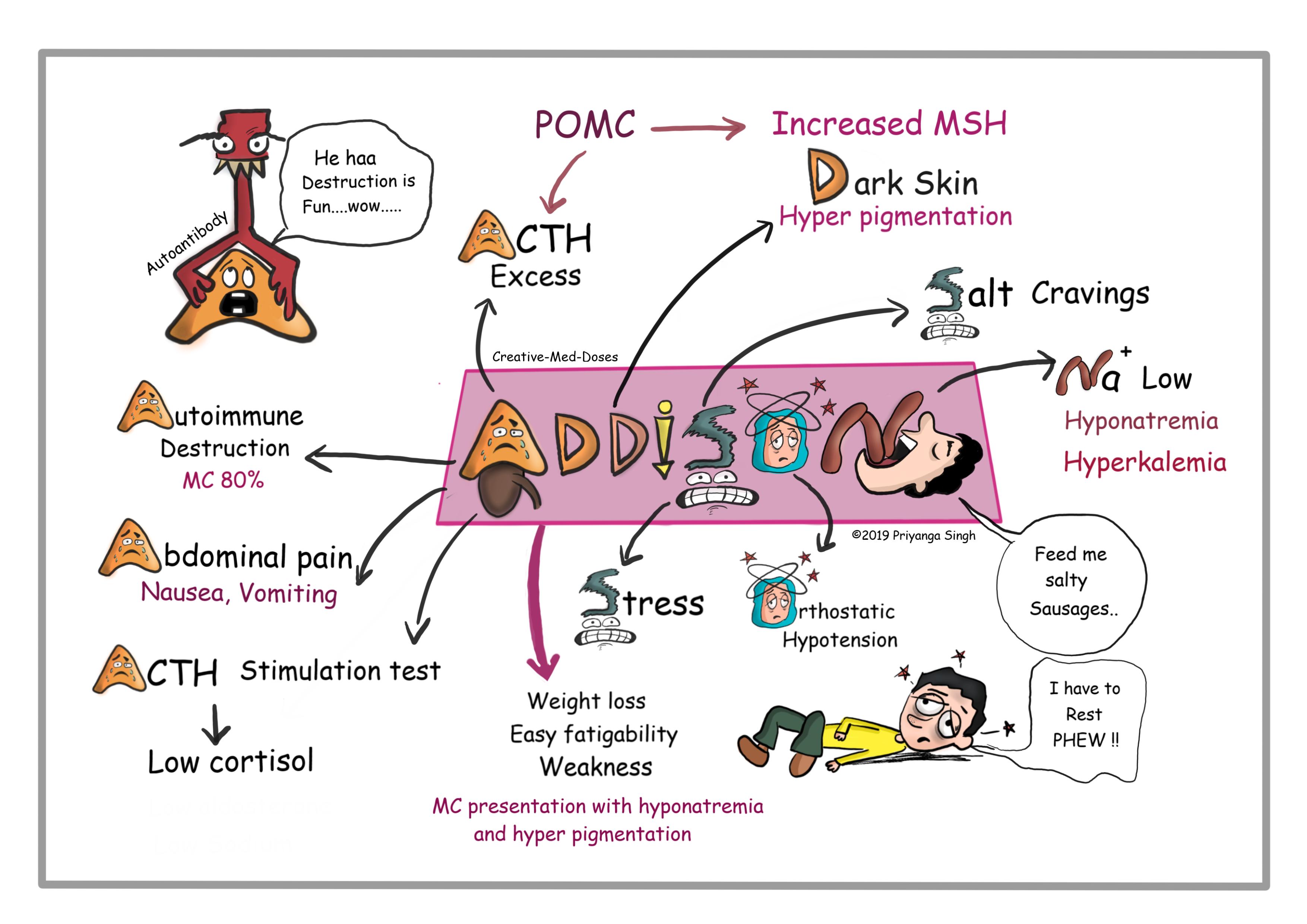 Addison disease - visual map describes most common causes and presenting features.